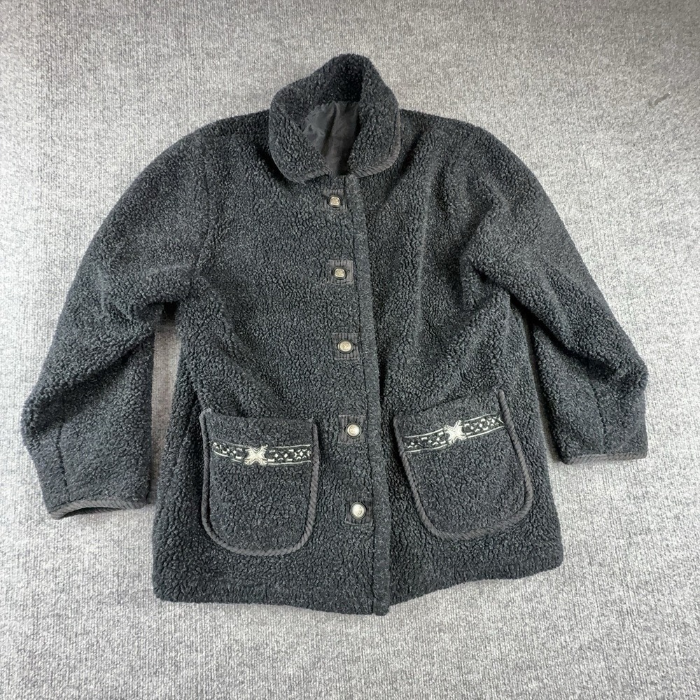Haband Coat Womens Medium Black Fleece Sherpa Button Front Silk Lined Pockets